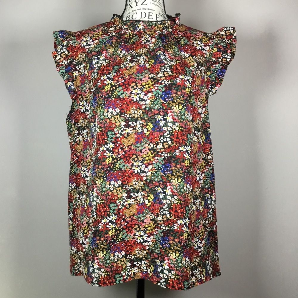 Short sleeve top black with multicolor flower ruffle sleeve fairy cottagecore L